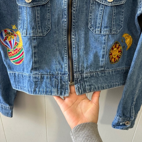 vintage Y2k Express Cropped Demin Jacket Embroided Sun, Moon Size M - Picture 8 of 11